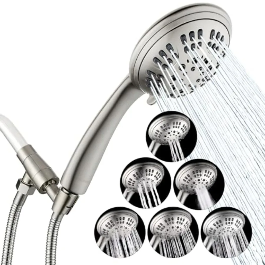 

High Pressure Shower Head 6 Spray Setting with Adjustable Solid Brass Shower Arm Mount and Extra Long Flexible Stainless Steel