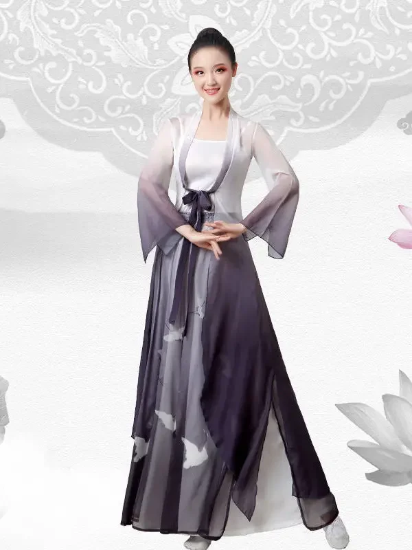 Chinese Style Classical Dance Costume Long Gradient Gauze Clothing Chinese Dance Practice Suit Double Layer Printed Wide Leg Set