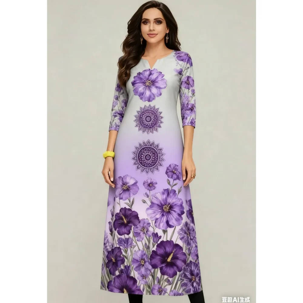 Fiori musulmani Kurt Natale Moda casual da donna Abito comodo Manica lunga Tubo dritto Abito arabo etnico casual