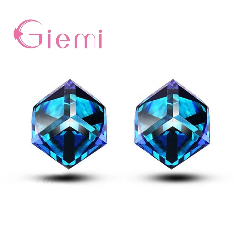 High Class Real 925 Sterling Silver Stud Earrings for Women Girls 8 Colors Options Austrian CZ Crystal Square Design Ear Jewelry