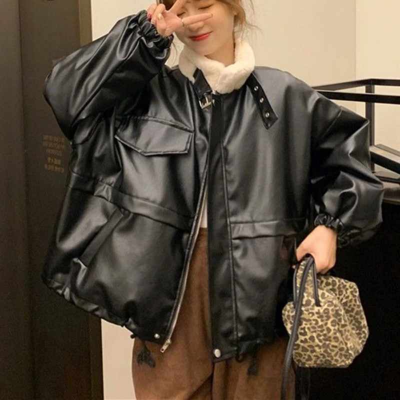 

Winter Korean Version 2025 Plus Velvet Thickened Little Loose Stand-up Collar Motorcycle Suit Leather Long Sleeve Coat Female