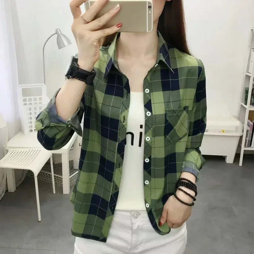 2024 Autumn New College Style Plaid Shirts Womens Long sleeve Button Down Casual Tops Loose Fashion Polo Neck Blouses