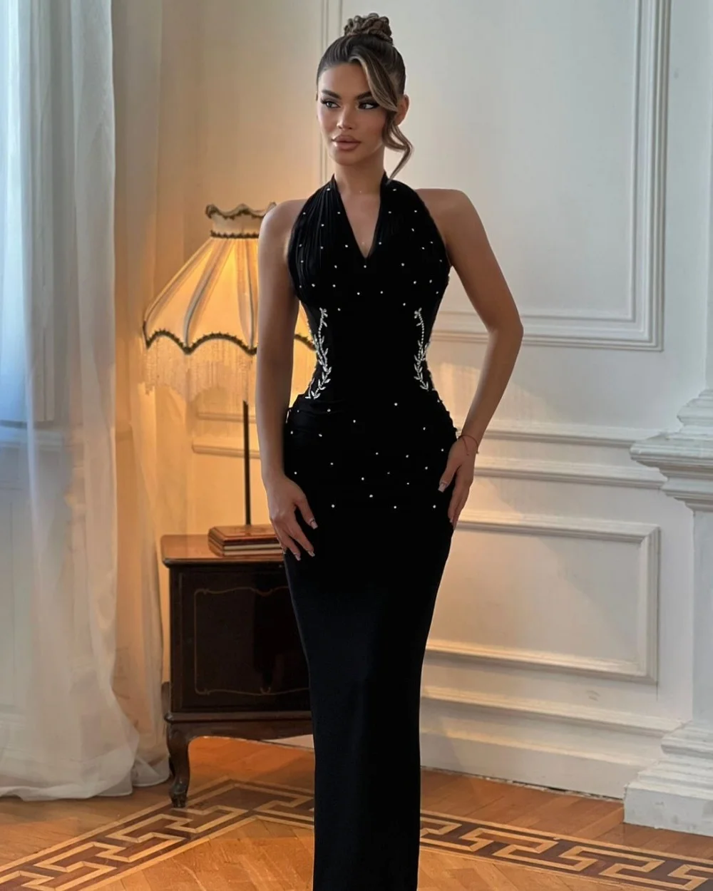 

Customized Modern Style Classic Jersey Rhinestone Pleat Column Halter Ankle Length Dresses Bespoke Occasion Dresses High Quality