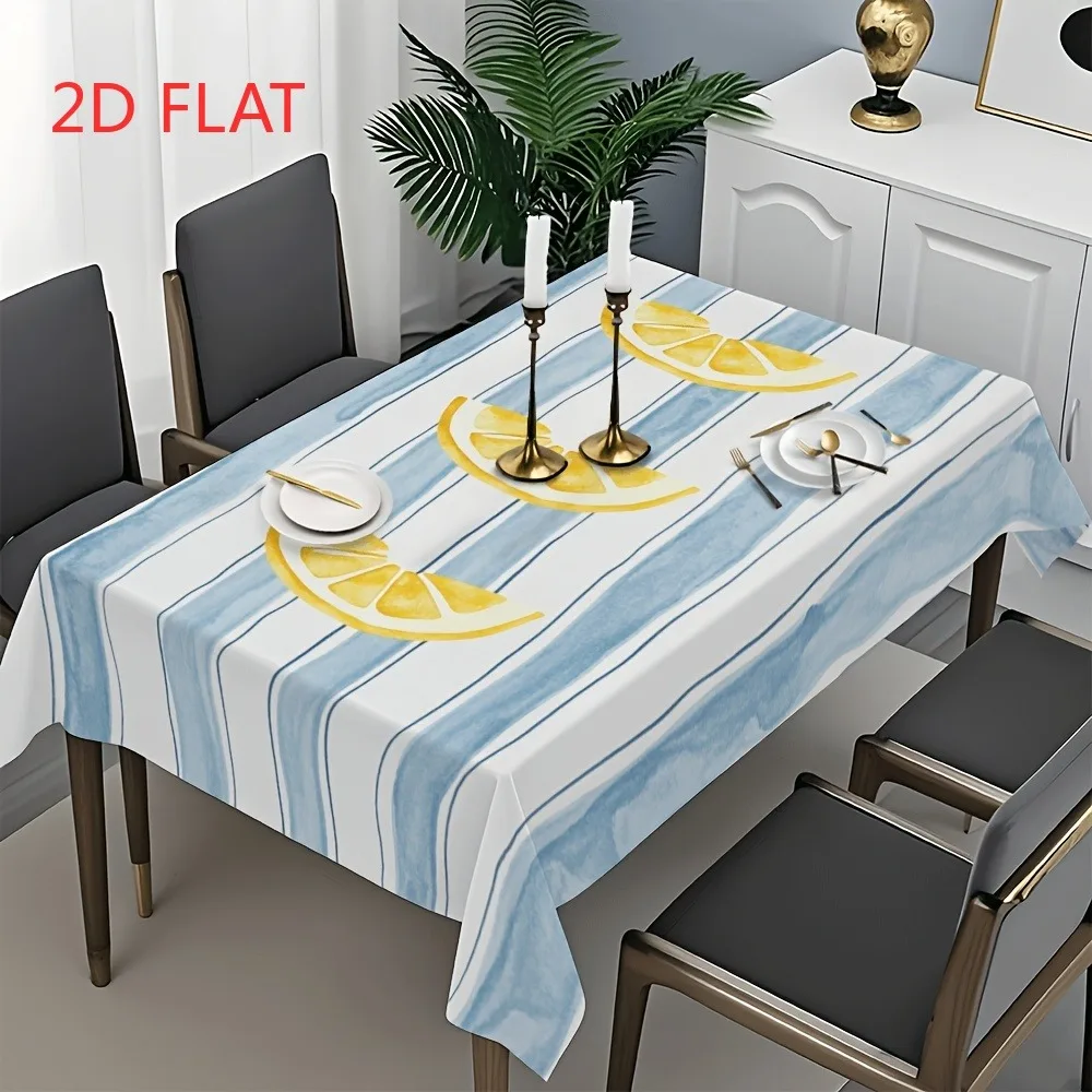 Tablecloth 1 piece 2d flat - A polyester fabric tablecloth featuring a blue and white watercolor striped lemon slice pattern.