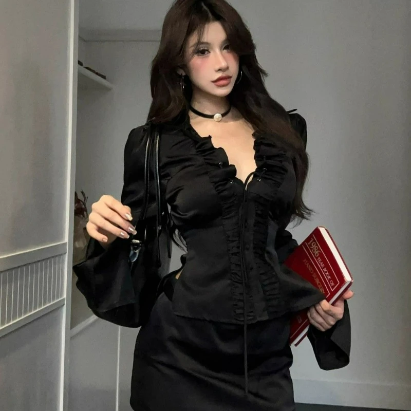 

2026 Spring Autumn New Style Spicy Girl Style Drawstring Lace Patchwork Long-sleeved Top Sexy Fashionable V-neck Shirt for Women