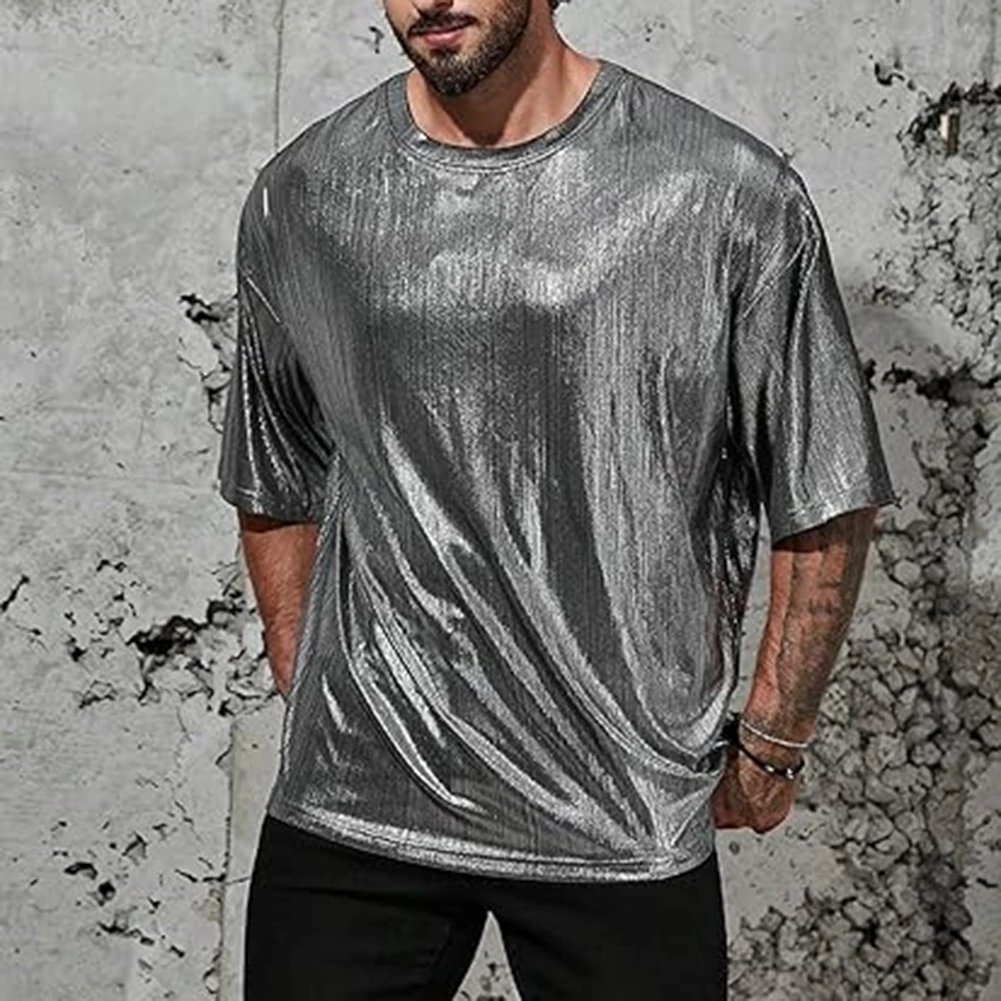 Streetwear T-Shirt Loose Mens O-neck Sequins Shiny Short Sleeve Solid Color Daily Holiday Party Nightclub Comfy