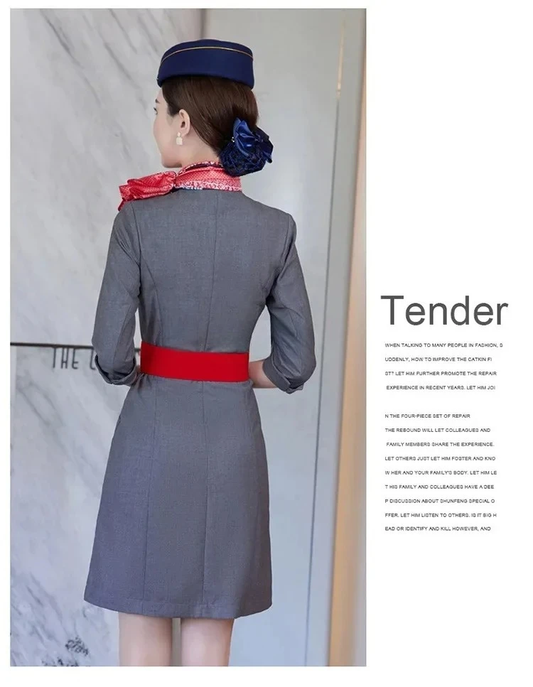 航空スチュワーデス高級制服と帽子夏のファッション七分袖ローブドレス客室乗務員面接作業服