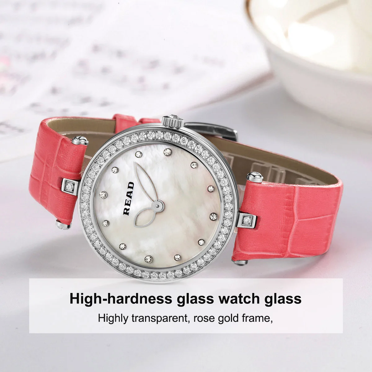 READ Ladies Quartz Watch | Red PU Band | Shimmer Iridescent Dial | Dot Hour Markers | Decor Bezel | 30M Daily Water Resistant