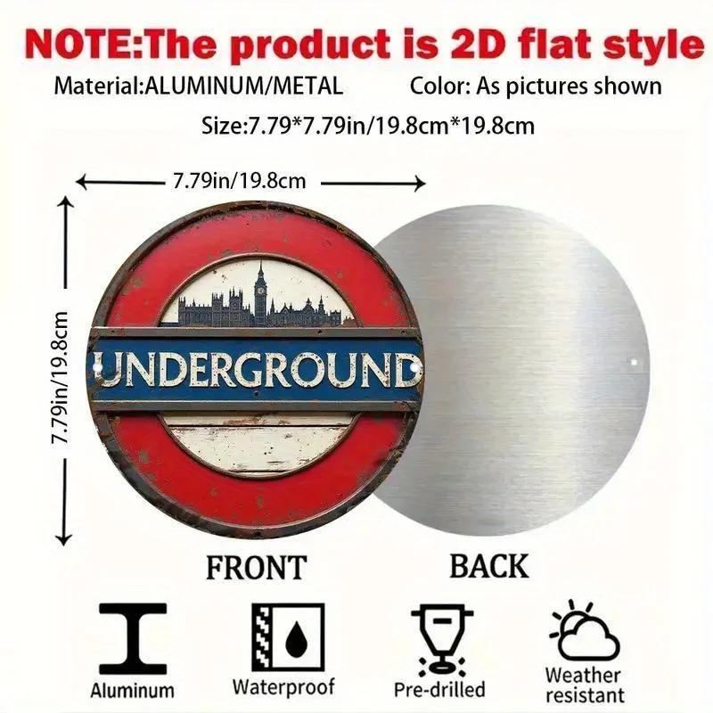 Arte de pared de metal subterráneo vintage de Londres - Letrero redondo de aluminio de 19,81 cm con diseño icónico de paisaje urbano, decoración rústica para bares, Tra