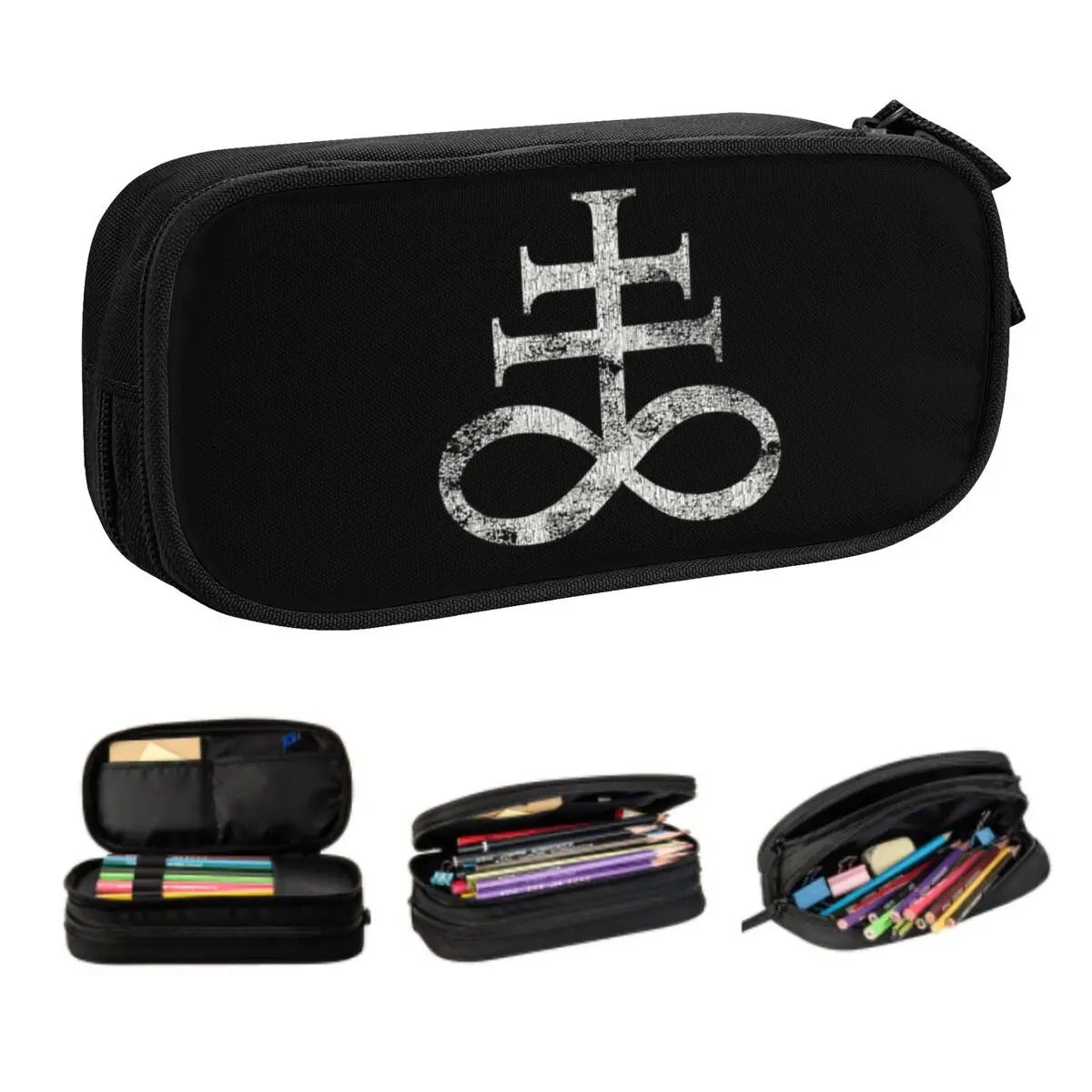 Customized Worn Leviathan Satanic Cross Pencil Case for Large Capacity Sigil Of Baphomet Pen Box Bag School Accessories