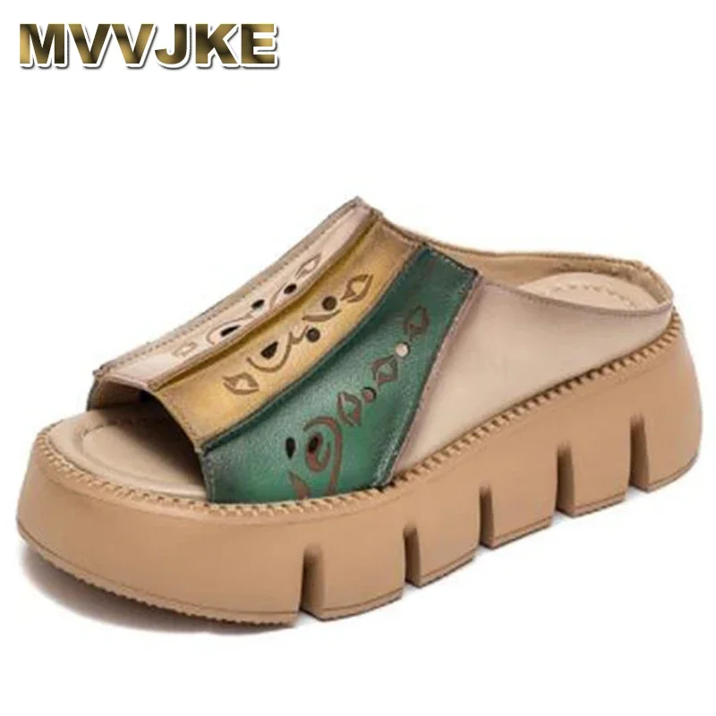 

Genuine Leather Summer Shoes Women Slippers Wedges Outside Slides Leisure New Handmade Concise Ladies Slippers