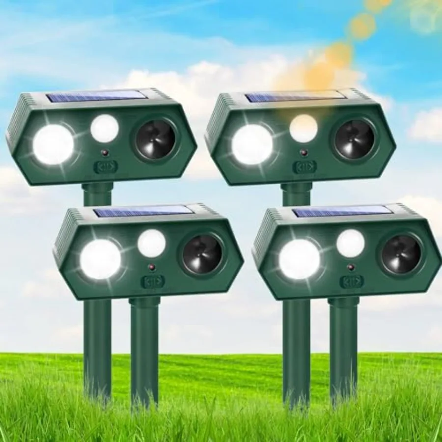 

Outdoor solar ultrasonic animal repellent for yard use, ABS plastic, black, motion detection with LED flash light and waterproo