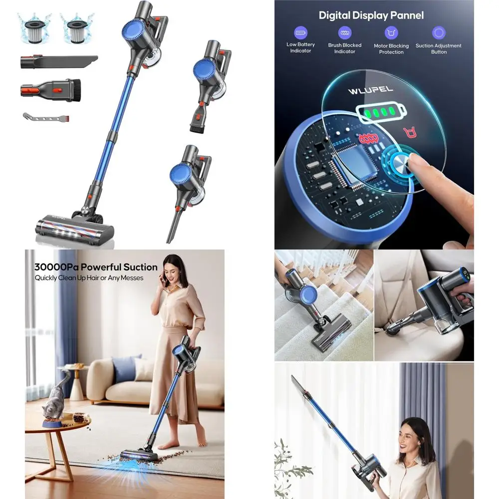 Portable 30Kpa 400W Vacuum Cleaner, 45 Mins Battery Life, Lightweight Handheld for Home, Cars, Pet Hair Removal, 80000RPM, LED D