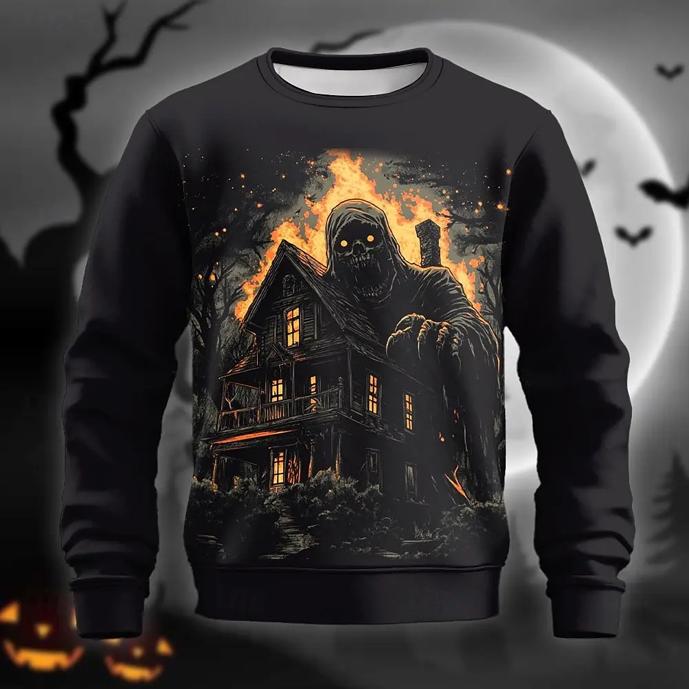 

Halloween Sweatshirt For Men Castle And Devil Graphic Long Sleeve Printed T-Shirt Fashion O-Neck Hoodies Oversized Men Clothing