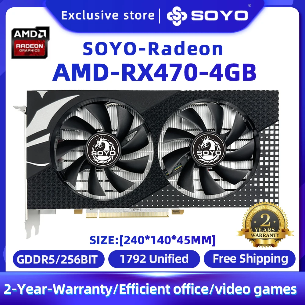

SOYO AMD Radeon Graphics Card RX470 4GB Placa De Video GPU 256Bit GDDR5 PCI-E X16 HDMI+DP+DVI For gaming computer components