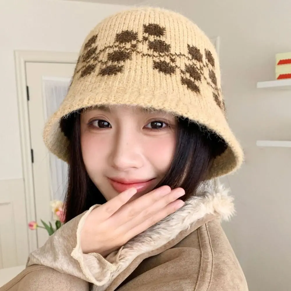 

Sweet Floral Knitted Bucket Hat Retro Handmade Jacquard Woolen Hat Crochet Ethnic Style Warm Fisherman Hat Autumn and Winter