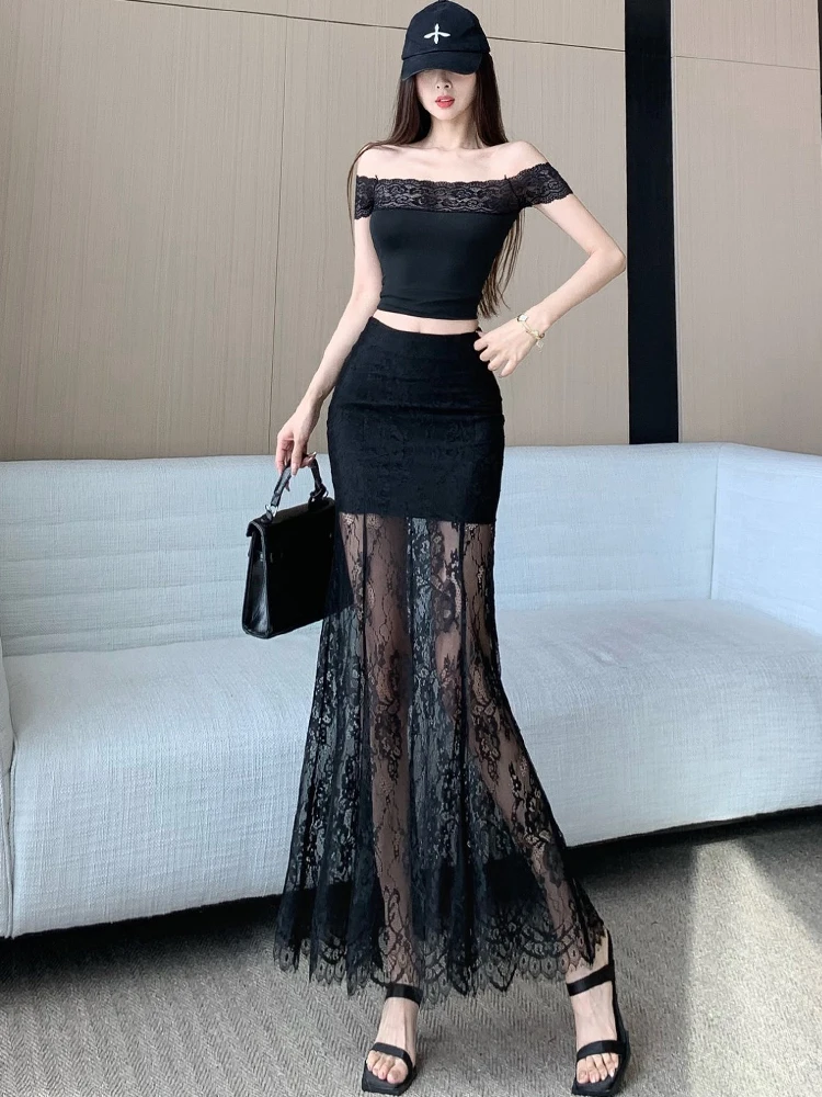 Gonna longuette in pizzo Bla Gonna a trapezio a vita alta Faion da donna di media lunghezza Sli Personali Gonna con cerniera sul sedere Estate Nuovo Ar...