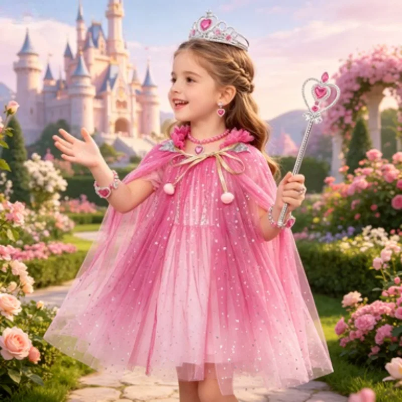 

Little Girls Mermaid Sparkly Sequin Tulle Cape Cloak Princess Tutu Birthday Party Carnival Fancy Performance Costume