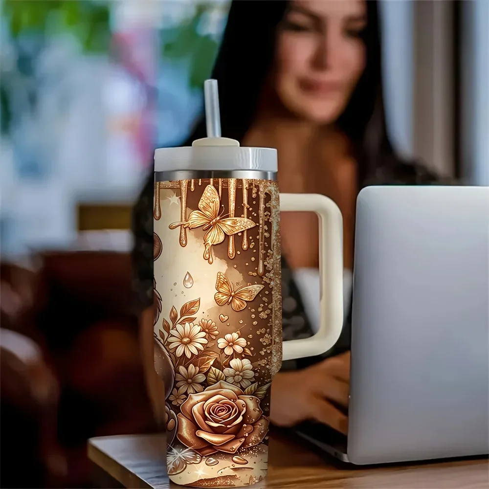 40Oz Tumbler with Handle, Cute Brown Bear Butterfly Rose Printed Cup Suitable for Women, Fits Hot And Cold Drinks, Ideal for Daily Use Outdoor Trips And Camping All Year Round