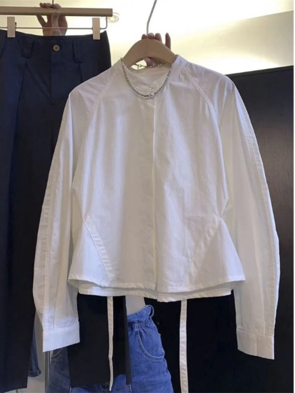 

Street Sle Loose Fit irt Single Button Waist Cinching Hidden Tie Design Long Sve V Ne Polyester Fiber Casual irt