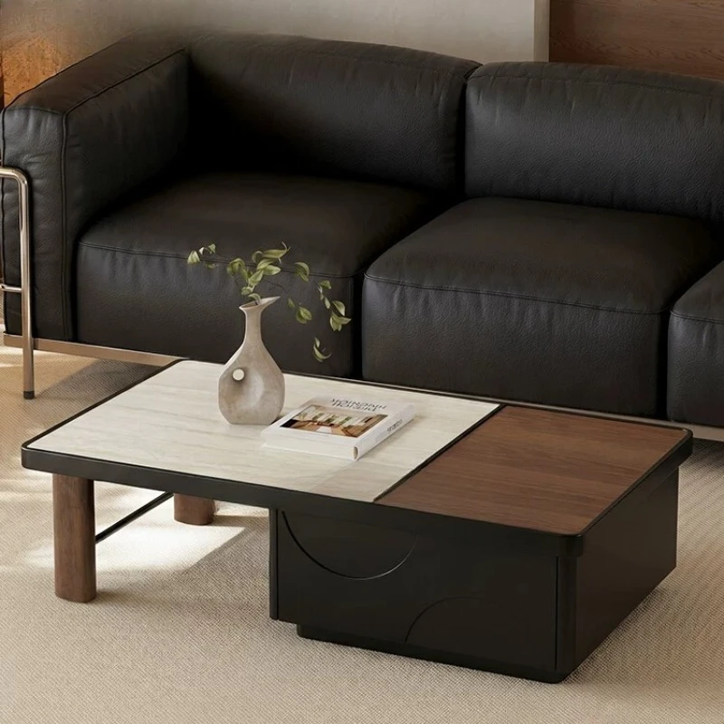 Medieval square walnut-colored travertine rock slab living room household solid wood storage coffee table