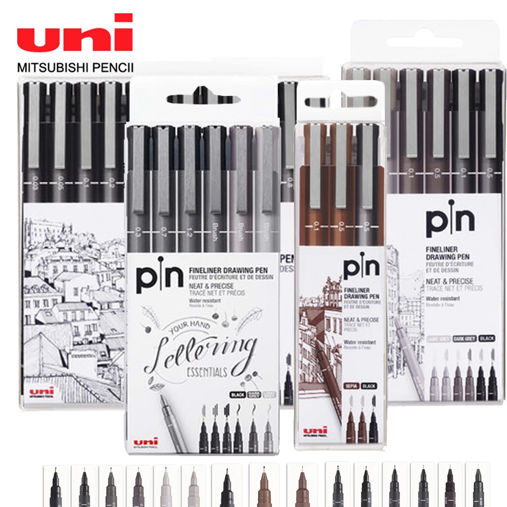 Uni agulha Gel Pen Set, Design caneta impermeável, Fineliner escritório, desenho canetas, esboçando arte suprimentos, PIN-200, 3 pcs, 6 pcs, 12 pcs