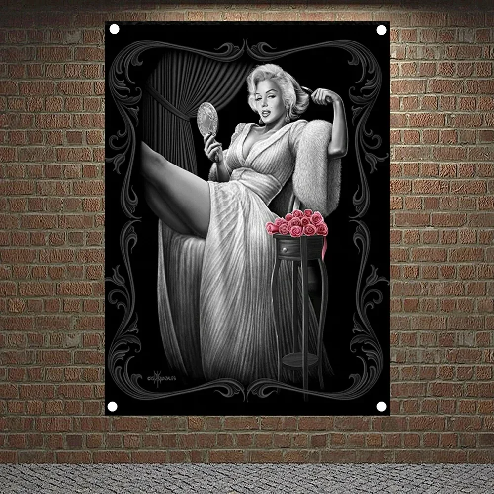 Pin Up Girl Death Art Banner Canvas Painting Chicano Tattoo Art Posters and Prints Wall Hanging Flag Wall Sticker Home Decor