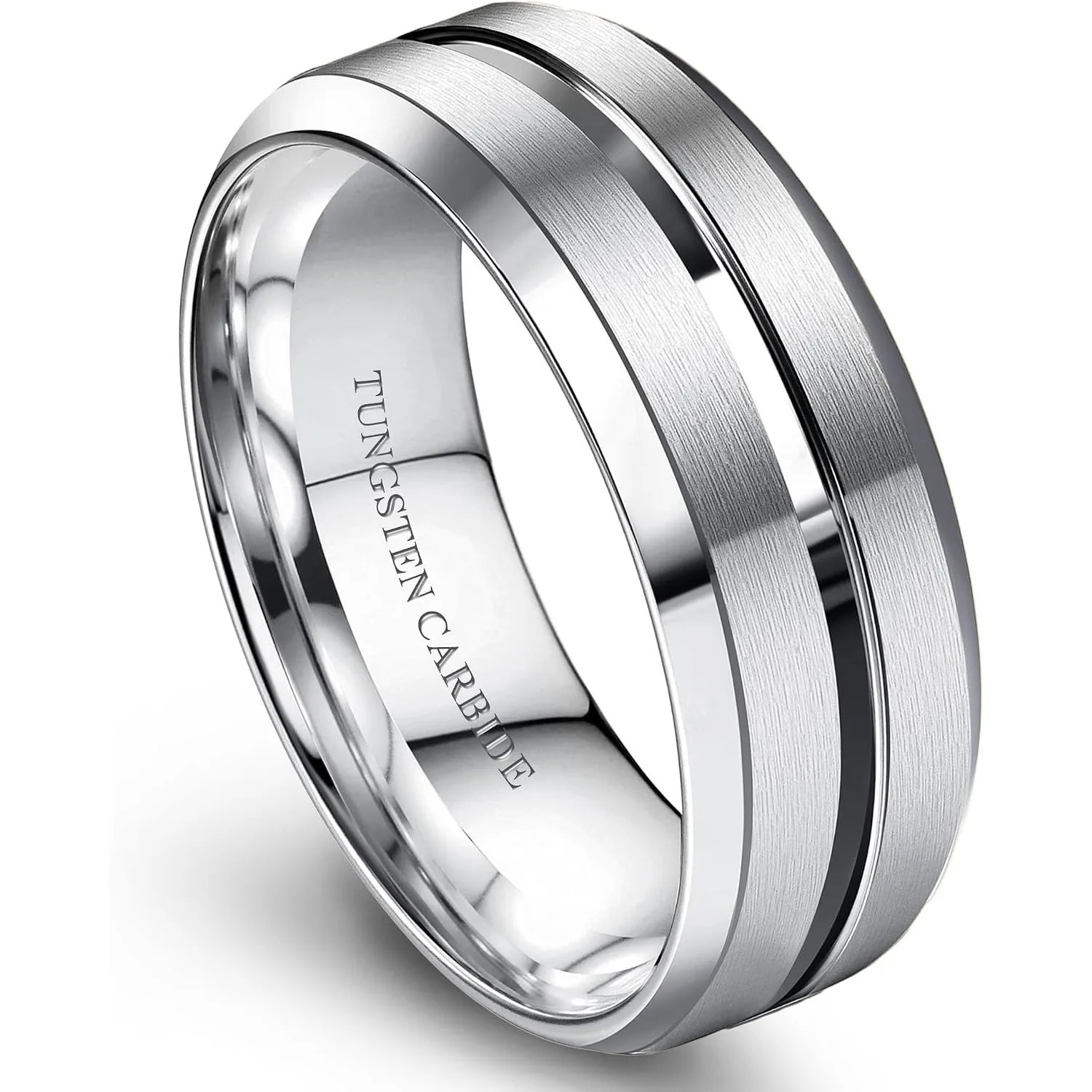 Bobisty Wolfram-Eheringe für Männer, 8MM Breite, Verlobungsringe mit Rillen und Abgeschrägten Kanten, Hochglanz/Matt Finish