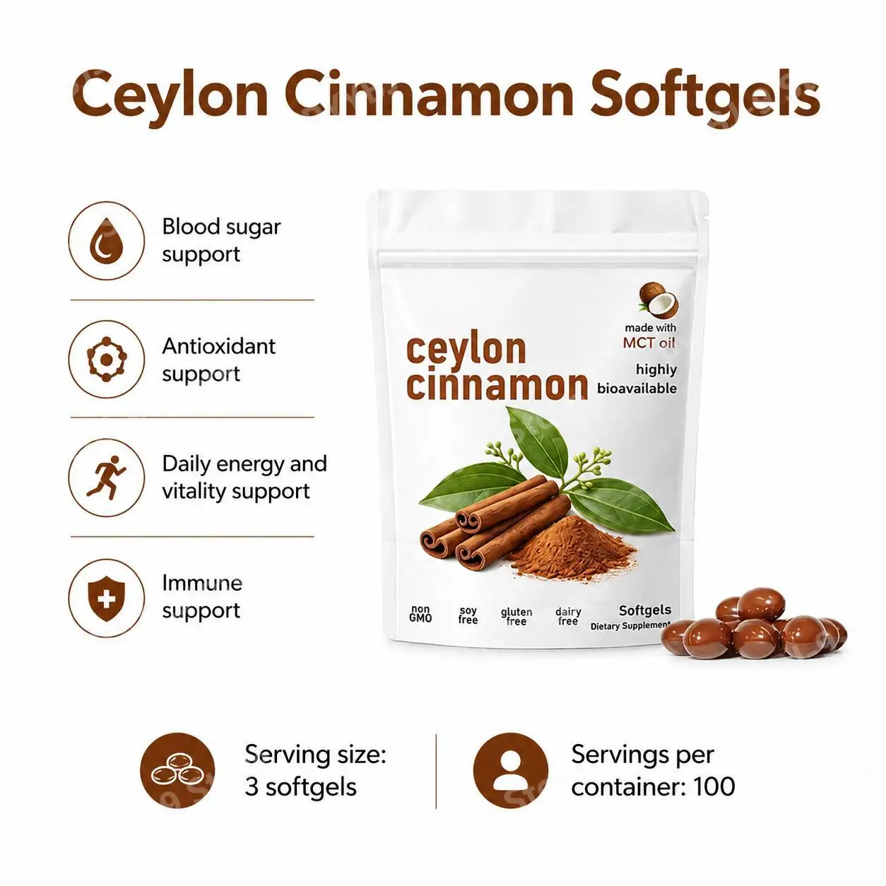 Ceylon Cinnamon Extract Softgels with MCT Oil, Blood Sugar Support, Antioxidant Support, Daily Energy & Vitality, 100 Servings