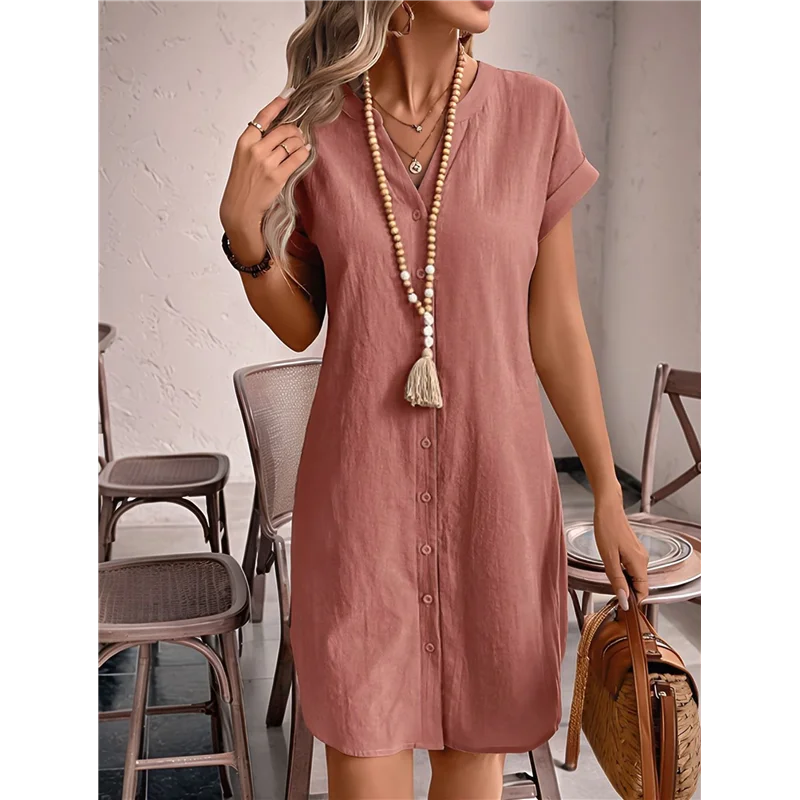 ASDS-Women Linen Dress Spring Summer Casual Cap Sleeve V Neck Midi Button Down Shirt Dresses