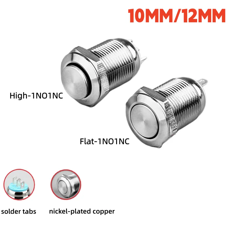 10mm/12mm Metal Pushbutton Switch, Self-resetting, Latching, 1 NO/1 NC, 3 Solder Tabs, Automotive Engine, Momentary Switch