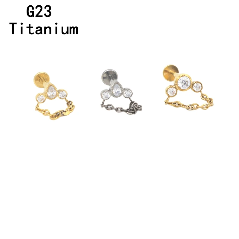 12PCS  ASTM F136 Titanium Lip Stud 3 Clear Gem Crystal Zircon Chain Labret Ring Ear Tragus Body Piercing Jewelry Internal Thread