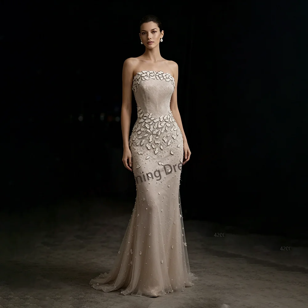 

Sexy Blackless Mermaid Floor Length Prom Gown Women's Sleeveless Strapless with Fashion Pearls Party Gowns Customzied فستان سهرة