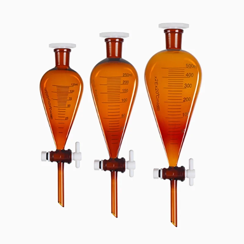 Brown pear-shaped liquid separation funnel marking mouth with scale tetrafluoro piston borosilicate glass 60ml125ml250ml500ml100