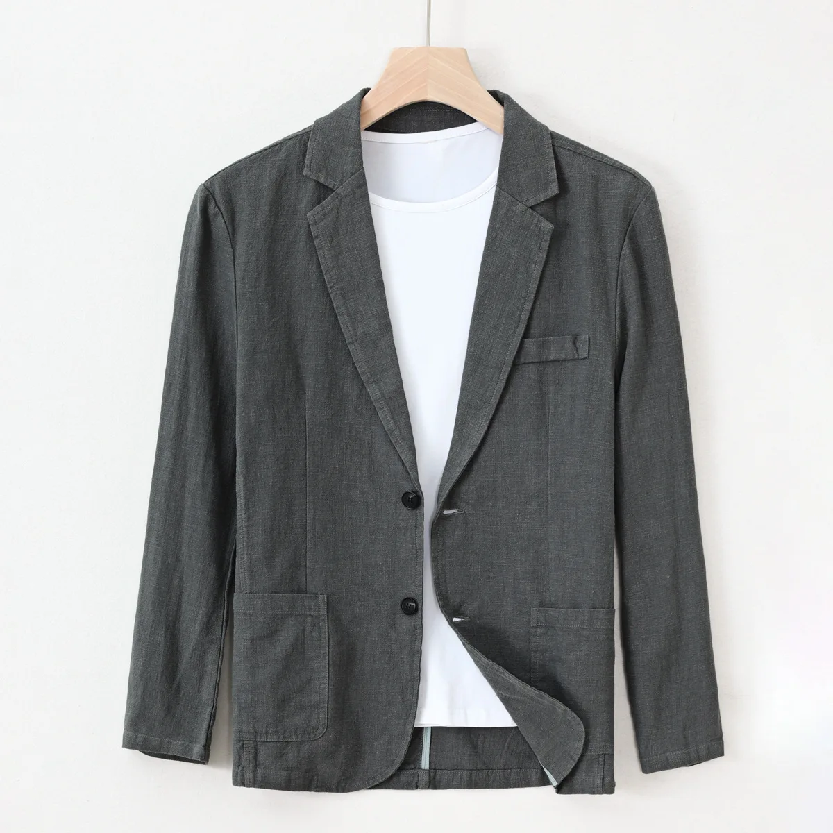 

Spring Autumn Men's Simple Linen Suit Jacket Casual Sold Color Regular Fit Lightweight Blazers Stylish Two Pocket Suit Coats