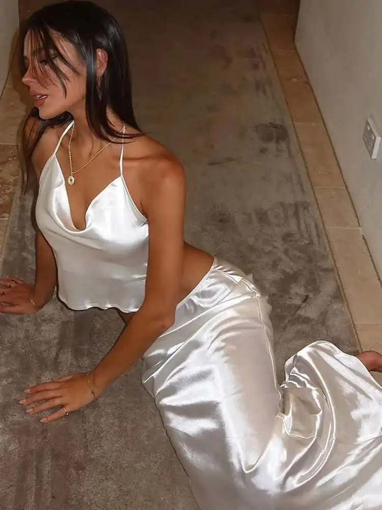 Elegant White Satin Long Skirt Set For Women Sexy Backless Lace-Up Cropped Tops 2025 New Summer Evening Party Female Outfits