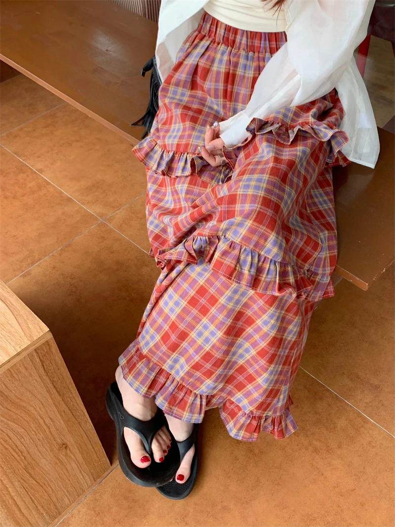 Women\'s Red A-line Plaid Skirt Vintage 90s Aesthetic Y2k Long Skirt Harajuku Elegant Korean Skirt 2000s Fashion Clothes Summer