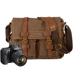 Camera bag canvas with genuine leather bag shoulder messenger bag casual photography waterproof liner detachable SLR camera bag