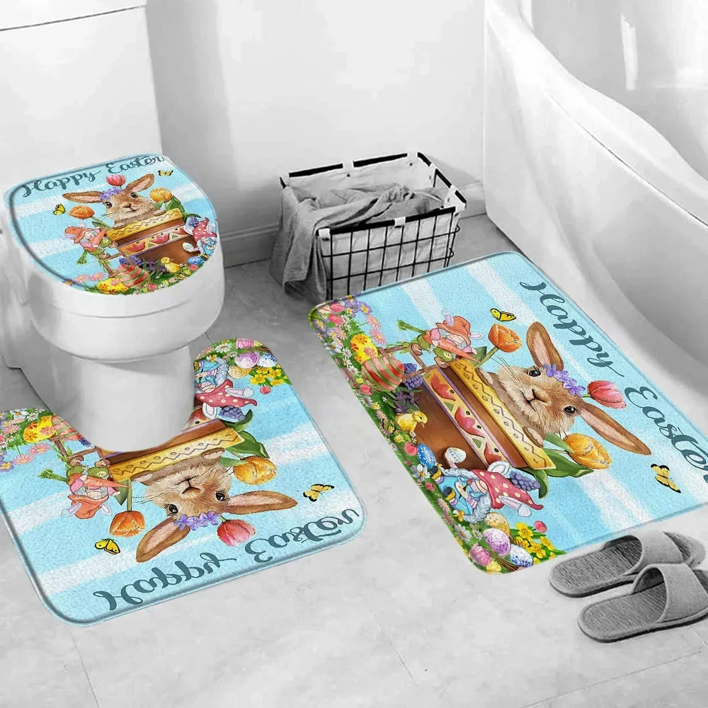 Happy Easter Rug Set Truck Bunny Elf Eggs Holiday Bathroom Bath Mats Toilet Mats Bathtub Decoration