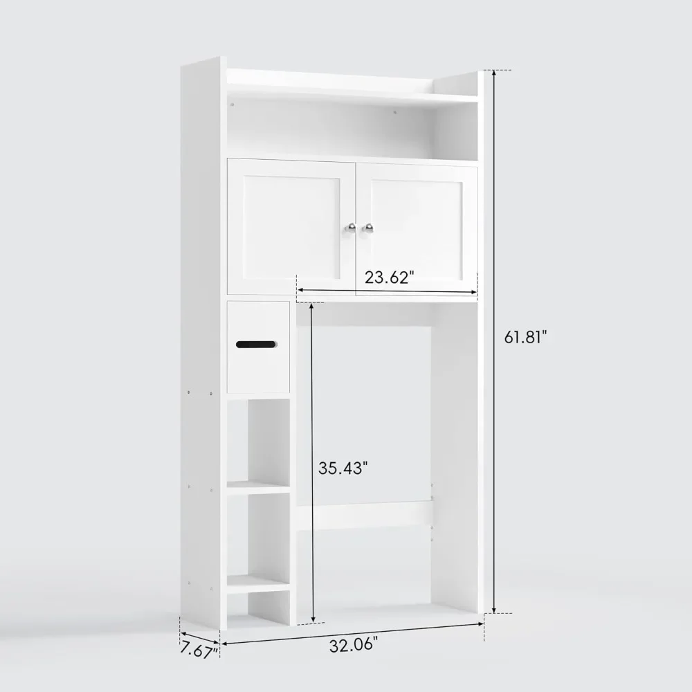 Over The Toilet Storage Cabinet with Doors,  Bathroom Storage Organizer with Side Shelves, Space-Saving Toilet Storage Rack