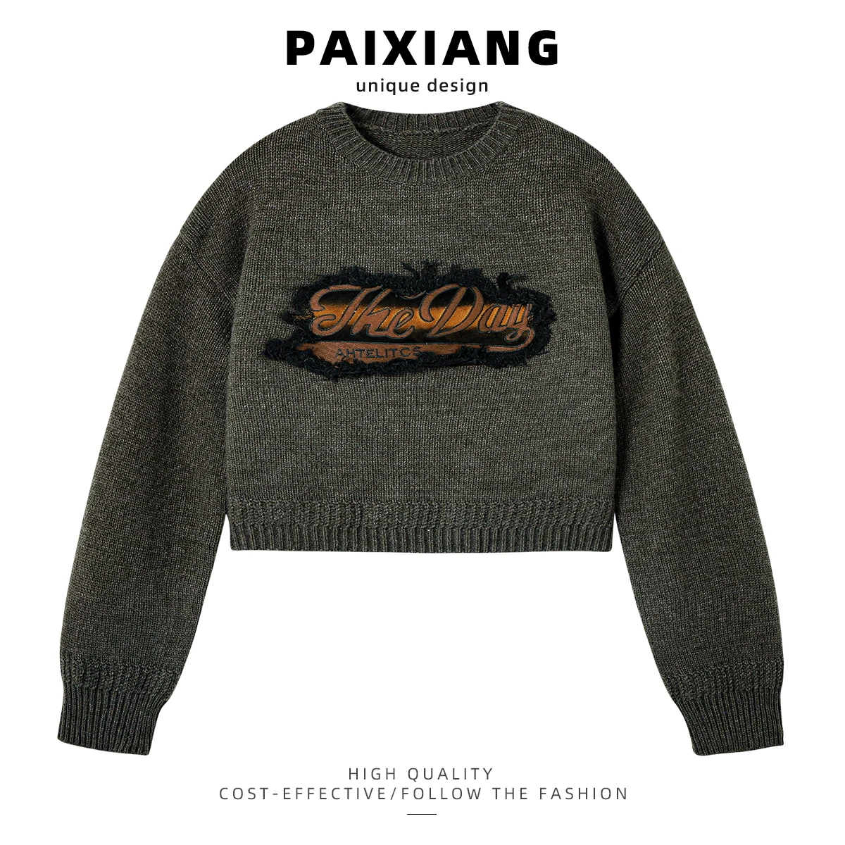 

American Retro Letter Print Sweater Women's Loose Top Winter New Sle Knittedwear PAIXIANG round Ne Long Sve Regular Fit