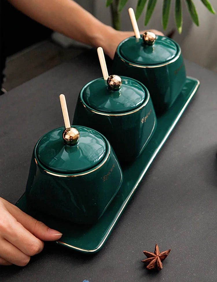 

Household Seasoning Set Salt Shaker MSG Pot Dark Green Kitchen Utensils Ceramic Seasoning Box Seasoning Pot Art Home Decoration
