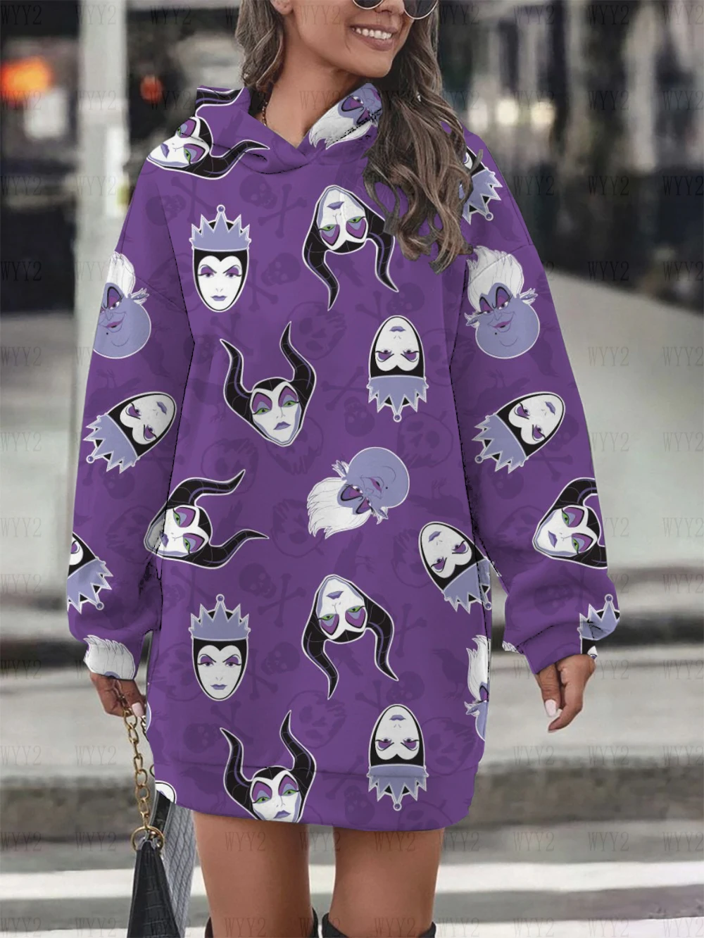 Ladies Hoodie Sweatshirt Dress Casual Cartoon Street Style Printed Round Neck Sweatshirt Dress Disney Sleeping Devil Pattern