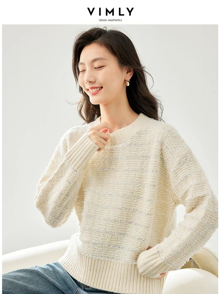 Vimly Apricot Striped Pullover Knitted Sweater Autumn O-neck Long Sleeve Tops for Woman 2023 Fall New Loose Knitwear Women 72269