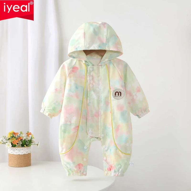IYEAL Baby Boy Girl Hooded Romper, Long Sleeve Zipper Button Infant Jumpsuit, Colorful Print Newborn Spring Autumn Outfit