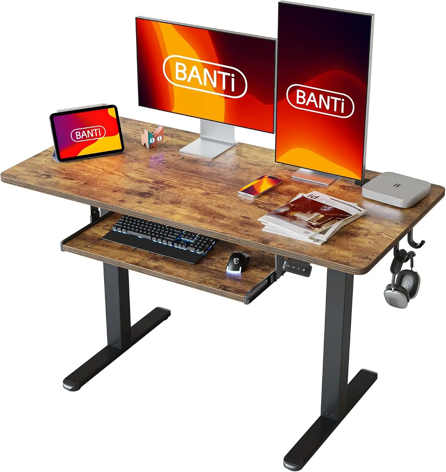 48 24 Height Adjustable Electric Standing Desk Keyboard Tray Splice Board Black Frame Rustic Brown Top