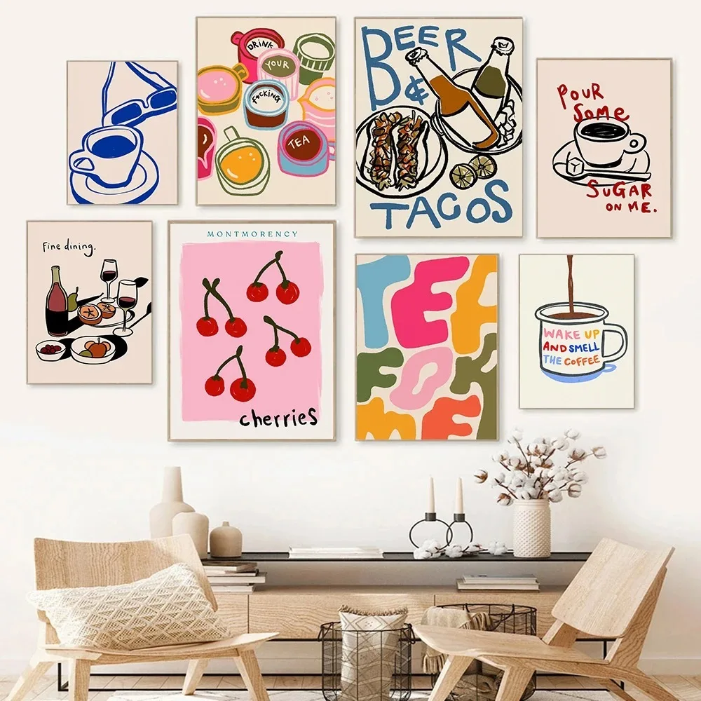 Coffee Shop Afternoon Tea Croissant Colorful Coffee Cup Retro Poster Canvas Paintings Kitchen Home Decoration Gift