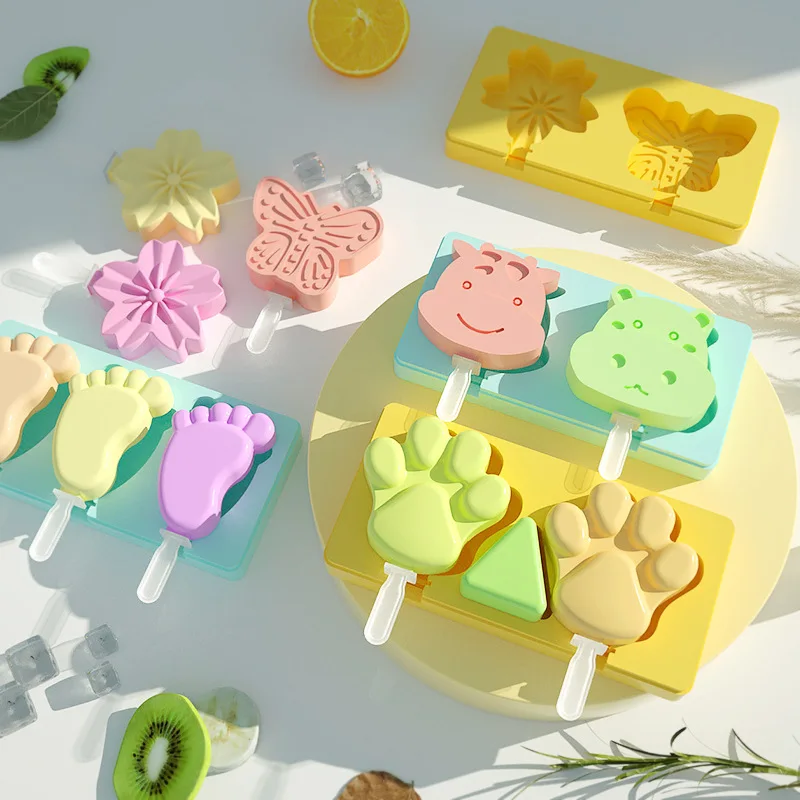 Cartoon Cow Ice Cat Paw Butterfly Cream Silicone Mold With Lid Flower Popsicle Ice Cube Tray Mold Cheese Gift Kitchen Gadgets