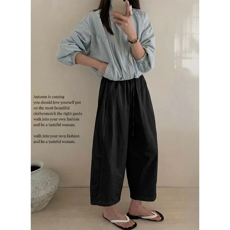 Women Petite Size Wide Leg Cropped Pants Japanese Korean Style Loose Casual 9/10 Length Trousers Daily Wear Bottoms