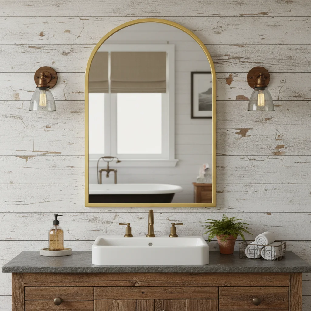 مرآة حمام ذهبية مقوسة مقاس 26 × 38 بوصة، ديكور حائط عصري أنيق، مثالي للمساكن أو الشقق أو المنازل #4